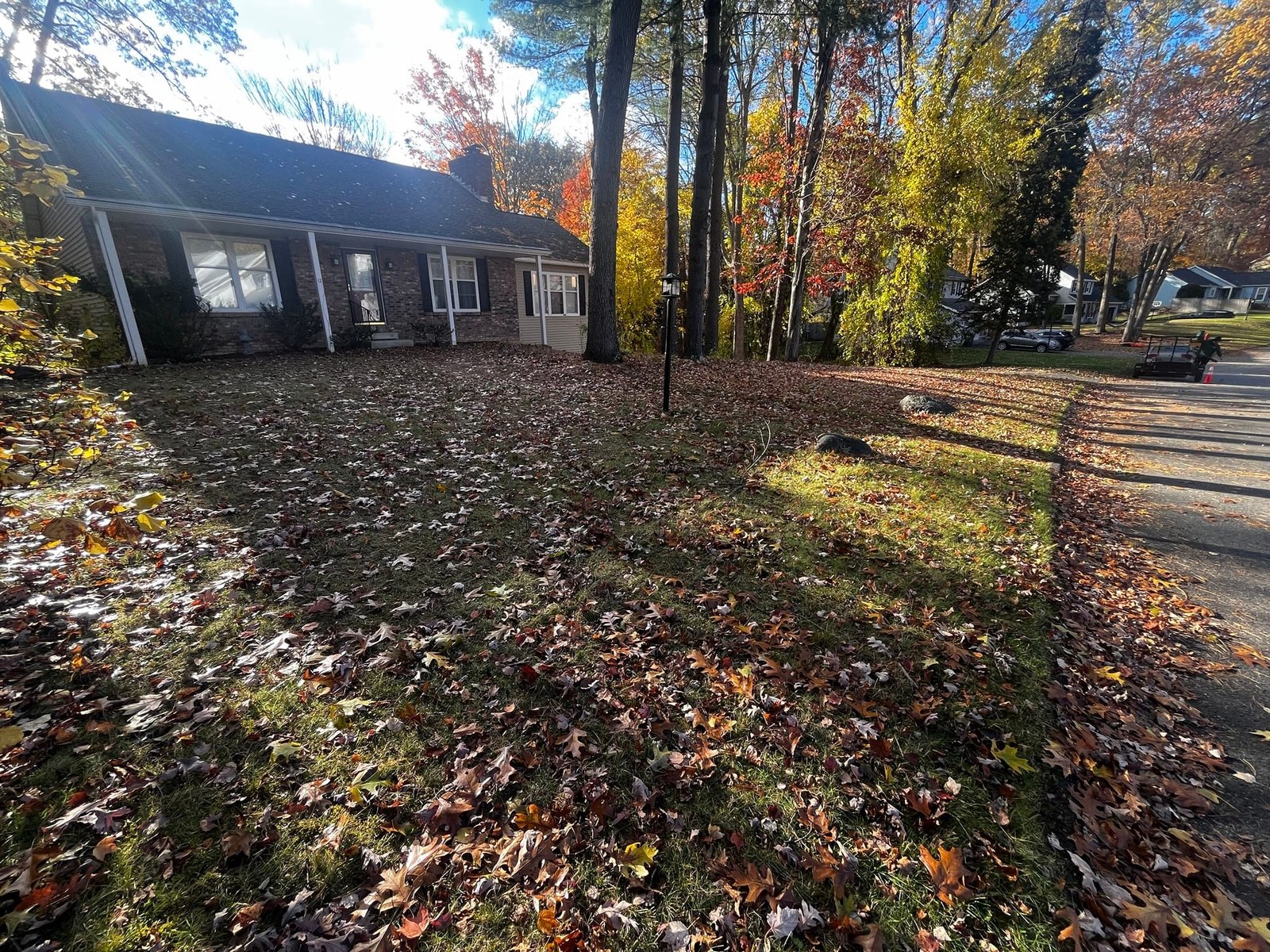 Brick ranch front yard buried in fall leaves before cleanup