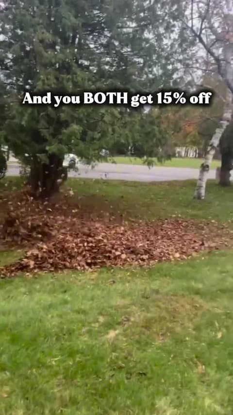 Leaf pile on a green lawn with text offering 15 percent off for booking with a neighbor